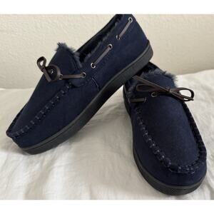 Club Room Moccasin Slippers Mens Faux Fur Lined Indoor Outdoor Navy Blue S 6-7